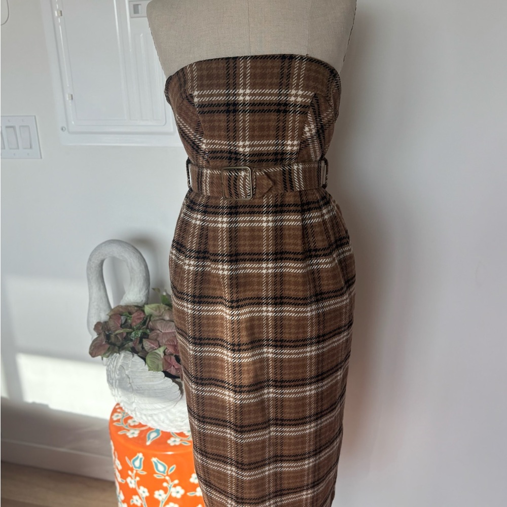 Anthropologie Strapless Brown Plaid Belted Sheath Dress